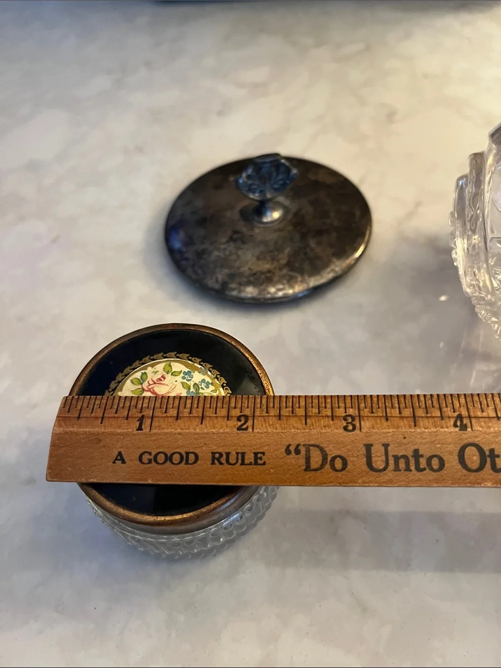 Vintage cut crystal and ornate silver plate lid vanity jar and small floral jar
